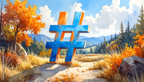 Vibrant autumn landscape featuring a large, stylized hashtag symbol set against a backdrop of hills, trees, and a clear sky.