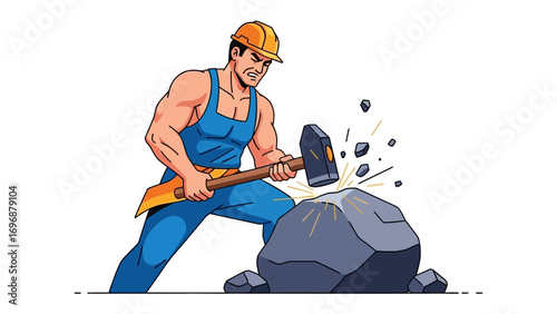 Building with Strength: An illustration of a focused worker masterfully splits a formidable rock with a sturdy hammer, showcasing the might of construction and engineering.