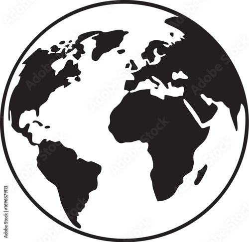 Vector World Globe with Continents and Oceans in a Minimalist Black and White Style

