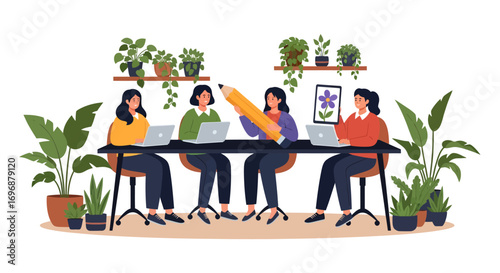 Collaborative Team Meeting with Oversized Pencil and Laptop Displays.