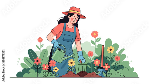 Gardener nurturing the blooms: A vibrant illustration of a gardener meticulously tending to a flourishing flower garden, imbuing it with care and attention.