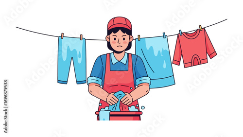 Laundry Day in Cartoon: A cartoon illustration capturing the essence of household tasks, depicting a focused individual diligently washing and hanging clothes on a clothesline.