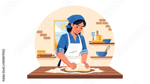 Baker Crafting Fresh Dough: A skilled baker delicately kneads a fresh dough ball, creating the start of homemade delicacies