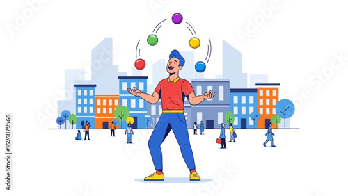 City Juggler: A skilled juggler captivates a vibrant cityscape with colorful spheres, blending art and urban life in a dynamic illustration