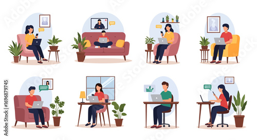 Diverse individuals working remotely with laptops and smartphones in various home settings.