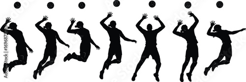 Black silhouette volleyball player performing jump serve sequence showing different motion stages with ball positions, sports training vector illustration for competition