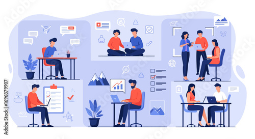 Diverse team collaborating with laptops charts and checklists in a modern office.