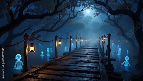 Eerie spectral figures appear in a dimly lit ancient cave pathway bathed in ethereal blue light and mystical fog creating a haunting atmosphere.