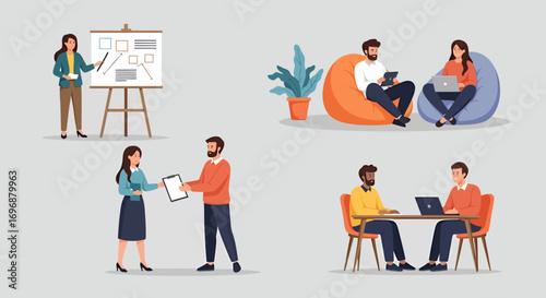 Diverse Team Engaged in Collaborative Work Scenarios with Varied Poses and Settings.