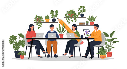 Four colleagues at a table with laptops plants and a giant pencil.
