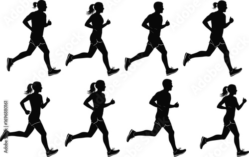 Black silhouette male and female runners in various running stride positions wearing athletic clothing and shoes, sports training vector illustration set