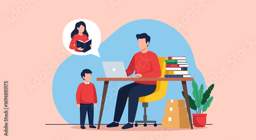 Father Working at Desk with Laptop Son Standing and Mother Reading in Thought Bubble.