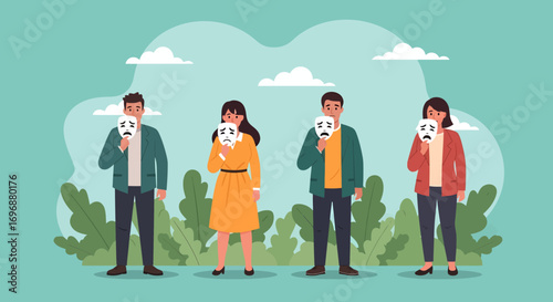 Four individuals holding sad masks revealing hidden emotions and mental health struggles.