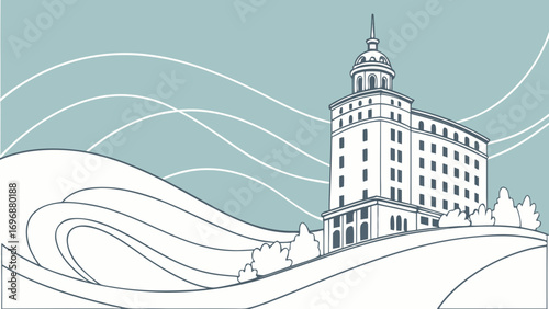 Building on rolling hills with abstract waves architecture