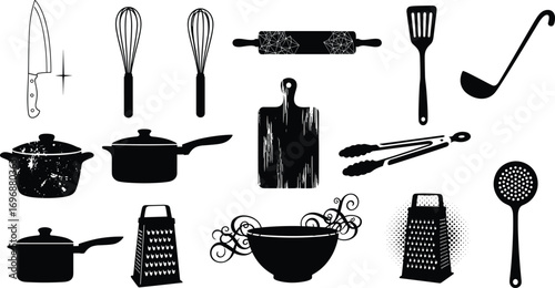 Silhouettes of kitchen tools including knife, whisk, rolling pin, spatula, ladle, pots, cutting board, tongs, graters, bowl.