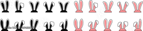 Easter bunny ears icon set. Black and pink silhouette vector illustration isolated on transparent background, elements for easter decoration, cutting or printing. Rabbit ears kid headband designs.