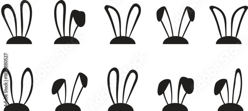 Easter bunny ear icon set. Black silhouette vector illustration isolated on transparent background, elements for easter decoration, cutting or printing. Easter Bunny ears kid headband vector designs.