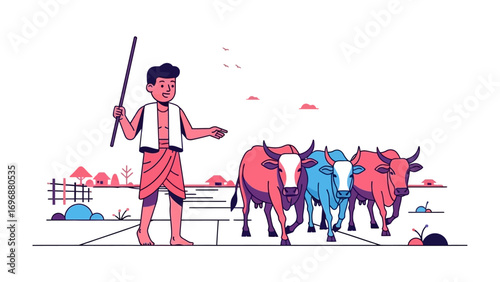 Shepherd with Livestock: A vivid illustration portrays a shepherd guiding a herd of colorful livestock along a rural pathway, evoking the simplicity and connection to nature of pastoral life.