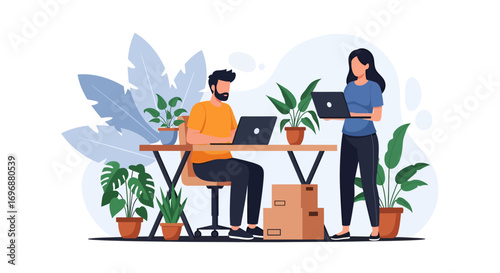Illustrated man and woman working on laptops in a plantfilled office space.