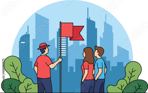 Illustrated group with flag city backdrop and stylized foliage.