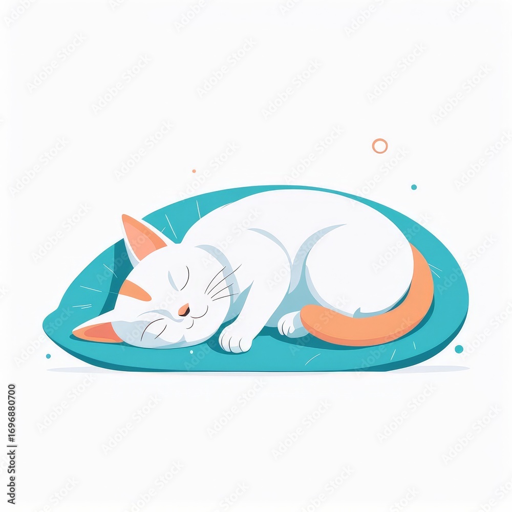 Fototapeta premium A peaceful white cat sleeping in a blue bed