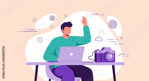 Illustrated photographer at desk with laptop and camera raising hand.