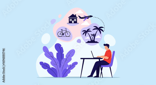 Man at Desk Dreaming of Home Bicycle and Tropical Vacation.