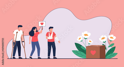 Injured people with crutches arm cast and a heart sign near flowers.
