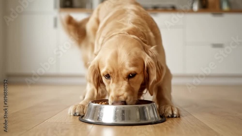 Golden Retriever Enjoying Meal - A Golden Retriever dog attentively eats its food from a stainless steel bowl on a light wood floor. The kitchen is blurred in the background.