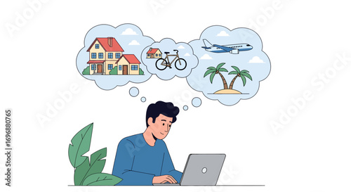Man Dreaming of Home Bicycle and Tropical Vacation While Working on Laptop.