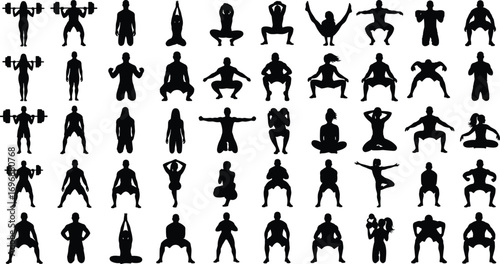 Basketball player silhouette set showing dynamic action poses, dribbling, shooting, jumping, defending, teamwork, motion, athletic movement, and sports icons