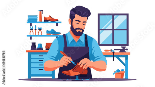 Crafting Elegance: A skilled artisan meticulously crafts a new shoe in his workshop, showcasing dedication, precision, and the timeless artistry of shoemaking. 