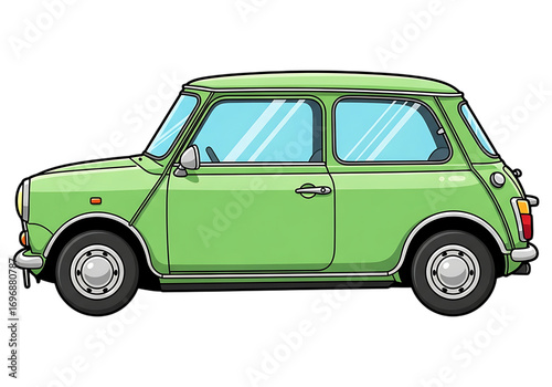 Retro green classic mini cooper car side view cartoon style art isolated on transparent background