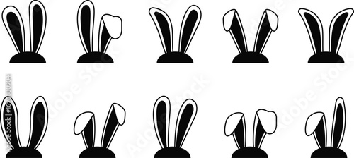 Easter bunny ear icon set. Black silhouette vector illustration isolated on transparent background, elements for easter decoration, cutting or printing. Easter Bunny ears kid headband vector designs.