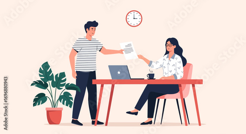 Man hands document to woman at desk with laptop and coffee cup.