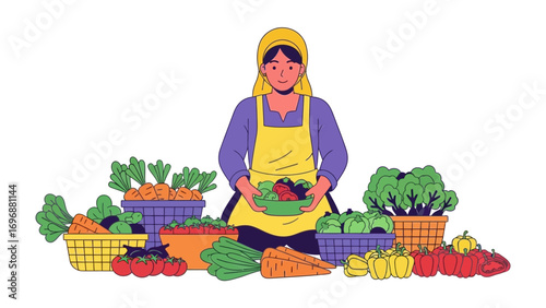Fresh Harvest Display: A local woman is surrounded by a vibrant array of farm-fresh produce, showcasing the bounty of the harvest in a colorful illustration.