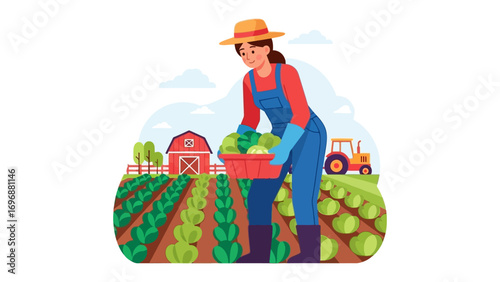 Farmer's Harvest: A female farmer, in work clothes, harvests ripe crops, embodies dedication and skill amid vibrant fields.
