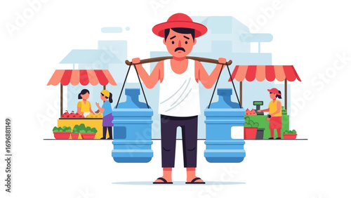 Water Carrier's Daily Hustle: A dedicated water carrier navigating a bustling market with unwavering determination, carting vital supplies of fresh water in a vibrant outdoor setting.
