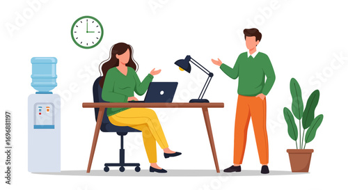 Office Scene Woman at Laptop Man Standing Desk Lamp Water Cooler.