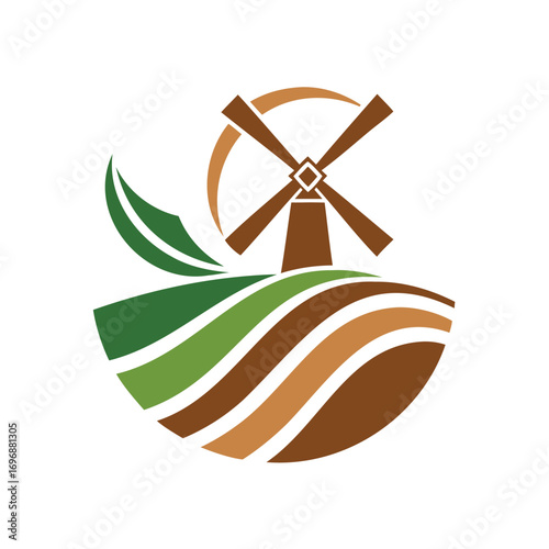 Rustic windmill and rolling farmland with a leaf icon