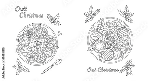 Christmas cookie platter coloring page with decorative elements and text