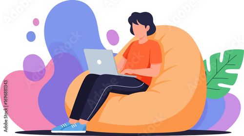 Relaxed figure with laptop on beanbag chair surrounded by abstract shapes.