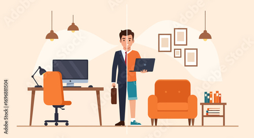 SplitScreen Depiction of a Man in Office Attire and Casual Home Wear.