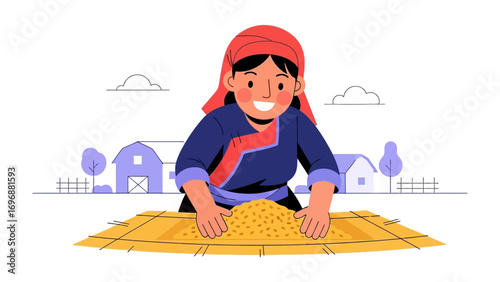 Harvest Time: A vibrant illustration captures a woman engrossed in her harvest ritual, a rural scene filled with tradition and livelihood.