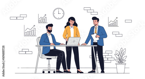 Three Business Professionals Collaborating at a Desk with Charts and a Laptop.