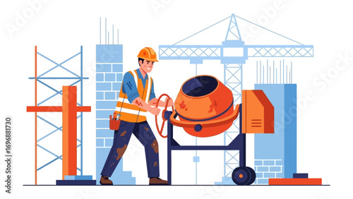 Construction Worker and Concrete Mixer: A construction worker meticulously operates a concrete mixer, essential equipment on a construction site, symbolizing craftsmanship and the building process.
