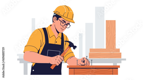 Craftsman at Work: A focused craftsman, clad in a work uniform, precisely hammers a nail into a wooden structure, embodying dedication and skill in carpentry.