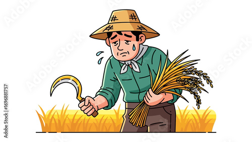 Farmer's Burden: A weary farmer stands in the sun-drenched field, burdened by the weight of his labor and the challenges of his craft, holding a scythe and sheaves of golden grain.