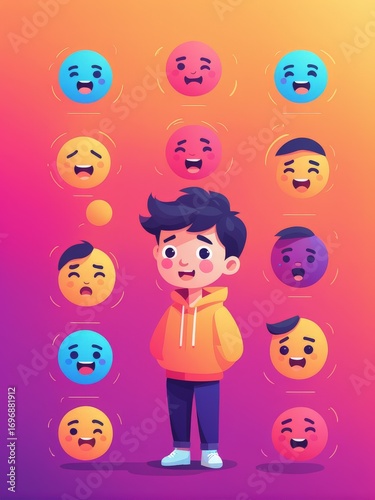 A young boy surrounded by colorful emojis expressing various emotions