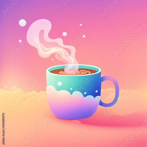 A colorful depiction of a steaming hot drink in a pastelhued cup against a gradient sunset backdrop